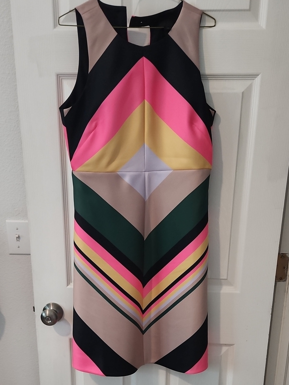 J. Crew Sleeveless Chevron Colorblock Mini Dress in Pink, Green, Gold & Black